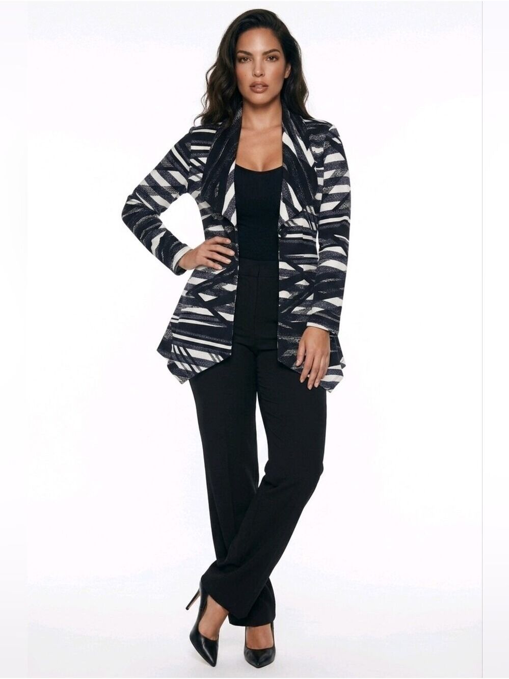 Zooni Collection Black & White Striped Asymmetric Blazer - Picture 3 of 9